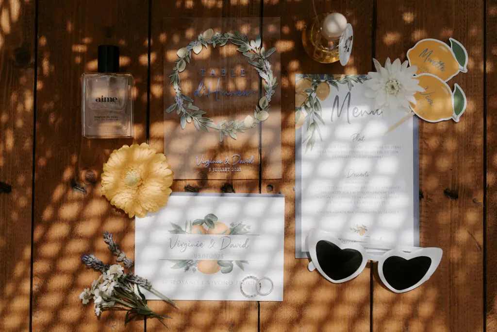 Détails et décoration pour un mariage au domaine de Valbonne